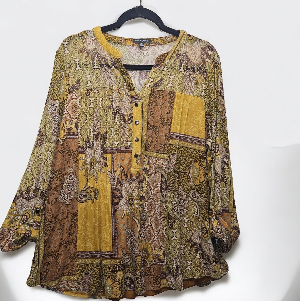 Ava & Grace Floral Stretch Knit Blouse Pintuck Pleat Tunic V Neck